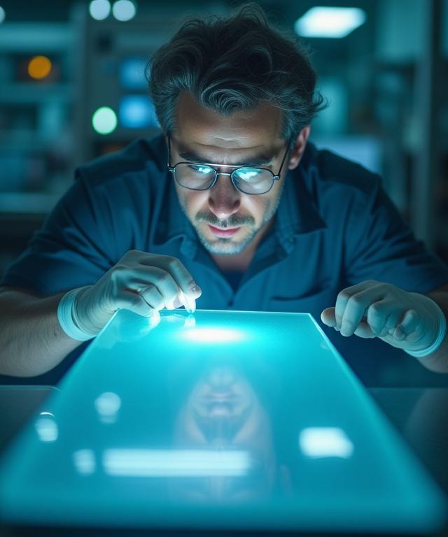 Lead engineer examining a polished mirror blank under inspection light in a modern workshop.