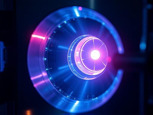 The glowing interior of a vacuum deposition chamber during the optical coating process.