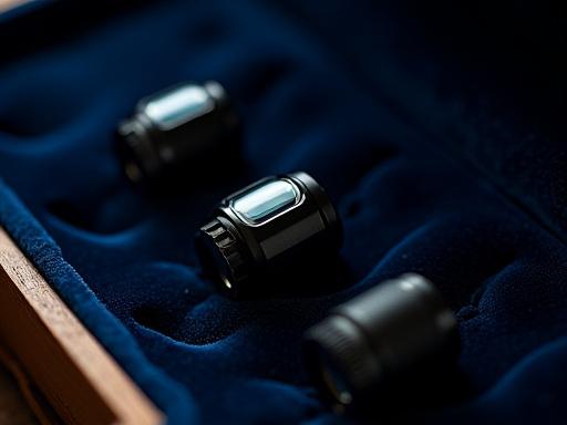 A set of three finely machined custom eyepieces arranged in a velvet-lined case.