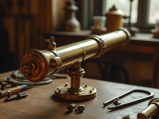 A partially disassembled brass and steel vintage refractor telescope on a workbench.