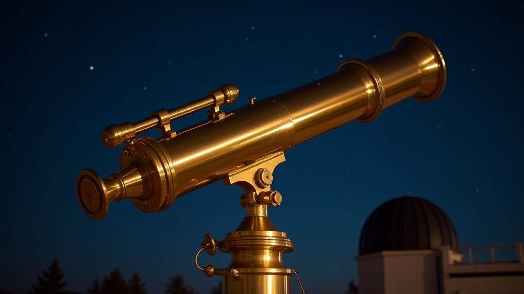 The fully restored, gleaming brass 1910 Clark refractor telescope pointed towards the sky.