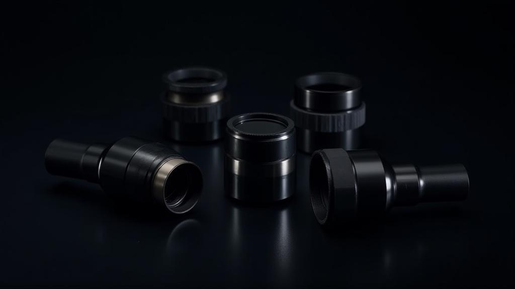A beautifully arranged set of five black and chrome custom eyepieces on a dark background.