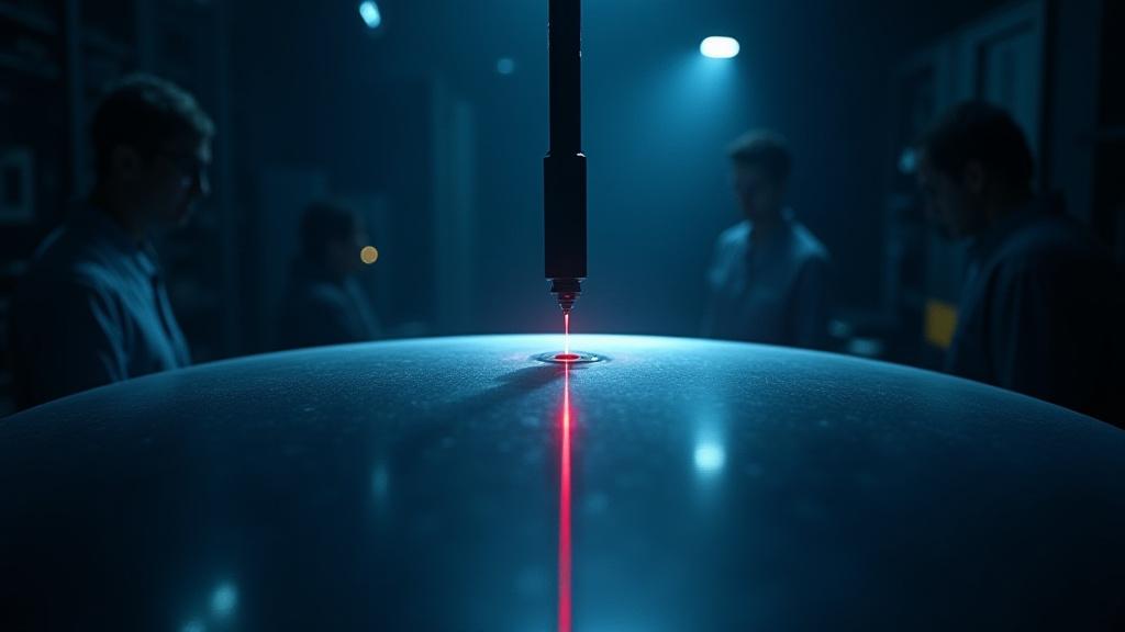 The massive 1.2-meter telescope mirror being carefully inspected with laser light.