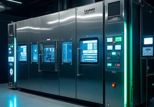 A large, stainless steel Leybold HELIOS sputtering system with its control panel lit up.